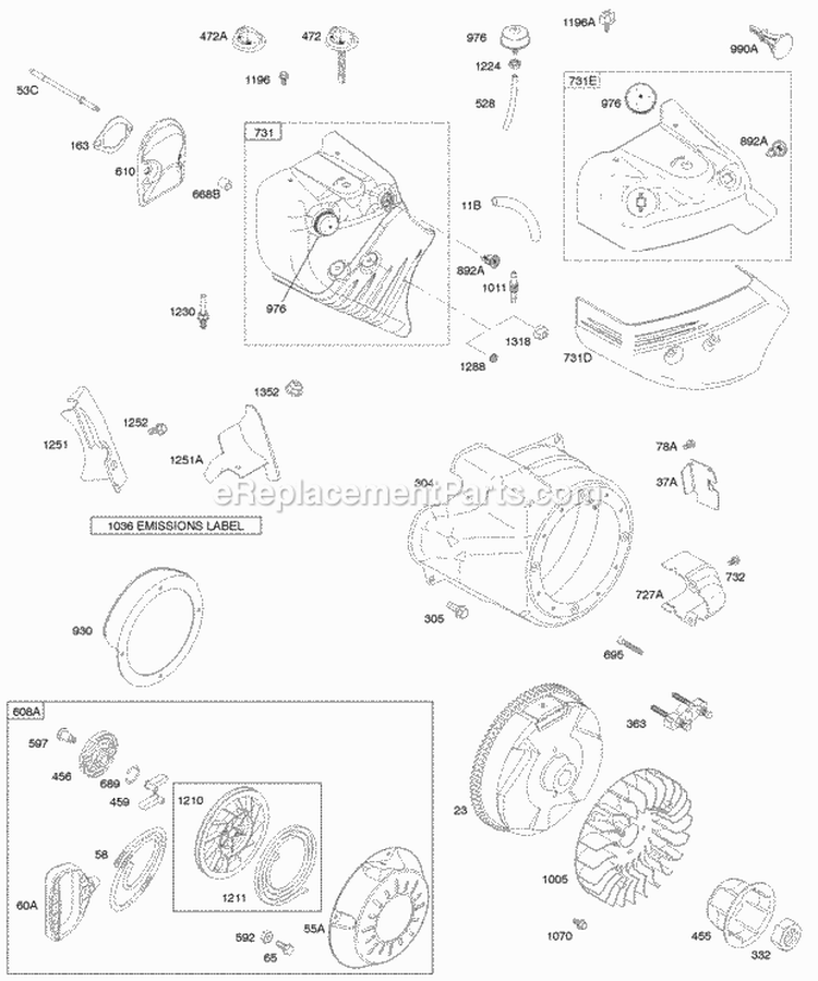 Blower HousingShrouds Flywheel Rewind Starter Diagram and Parts List for 21A414-0017-E1  Briggs and Stratton Engine